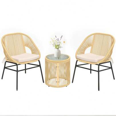 Outsunny Ensemble Bistro 3 Pièces en Résine Tressée - Salon de Balcon avec 2 Fauteuils Confortables et Table en Verre Trempé - Petit Salon de Jardin avec Coussins Déhoussables, Beige