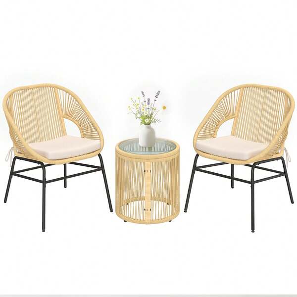 Outsunny Ensemble Bistro 3 Pièces en Résine Tressée - Salon de Balcon avec 2 Fauteuils Confortables et Table en Verre Trempé - Petit Salon de Jardin avec Coussins Déhoussables, Beige