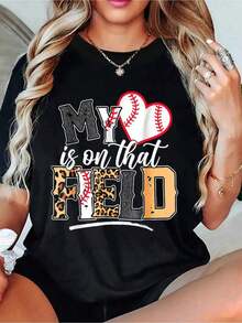 My Heart Is On That Field, Baseball T-Shirt For Mom On Mother's Day, Women's T-Shirt, Short Sleeve, Round Neck, Casual Top For Summer And Spring, Women's Clothing - 黑色 - 查看 6