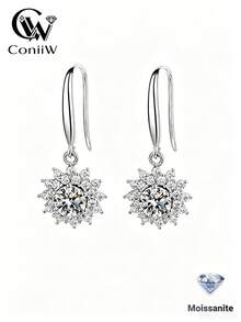 ConiiW 1 par de pendientes con colgante de girasol de plata de ley 925, con 0,5 quilates*2 de moissanita redonda incrustada - Plateado - Ver 1