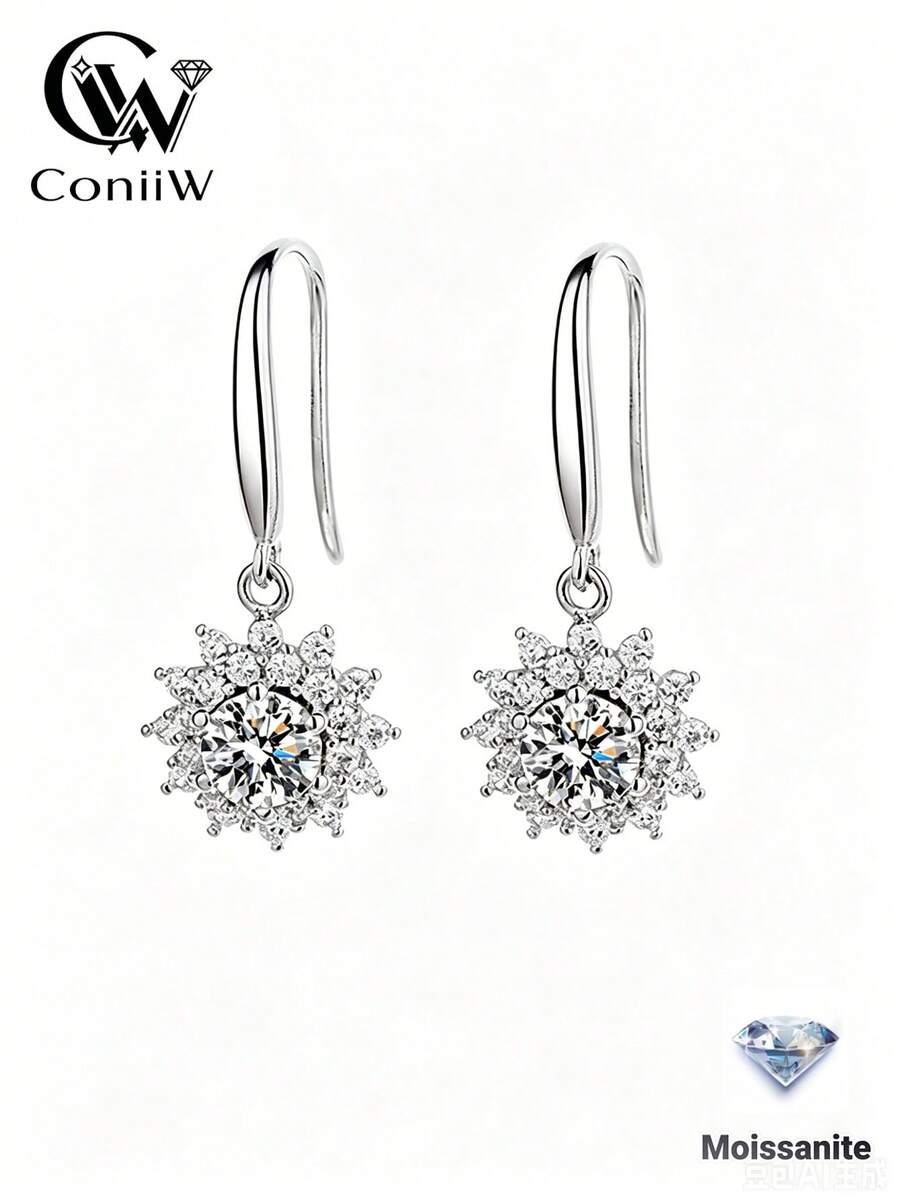 ConiiW 1 par de pendientes con colgante de girasol de plata de ley 925, con 0,5 quilates*2 de moissanita redonda incrustada - Plateado - Ver 1