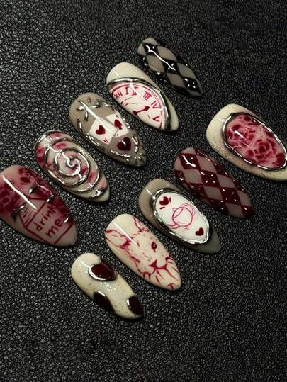 10pcs Medium Almond-Shaped Wearable Nail Stickers, Retro Gothic Y2K Style Design With Red Heart, Clock, Rabbit & Diamond Pattern Elements, High-Gloss Full Coverage, Reusable Fake Nails Manicure Set, Suitable For Women's Party, Holiday, Cosplay & Daily Fashion