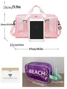 果凍色透明大容量防水旅行托特包，附「Beach Easy Life」迷你化妝包，PVC果凍手提包 - 彩色 - 查看 12