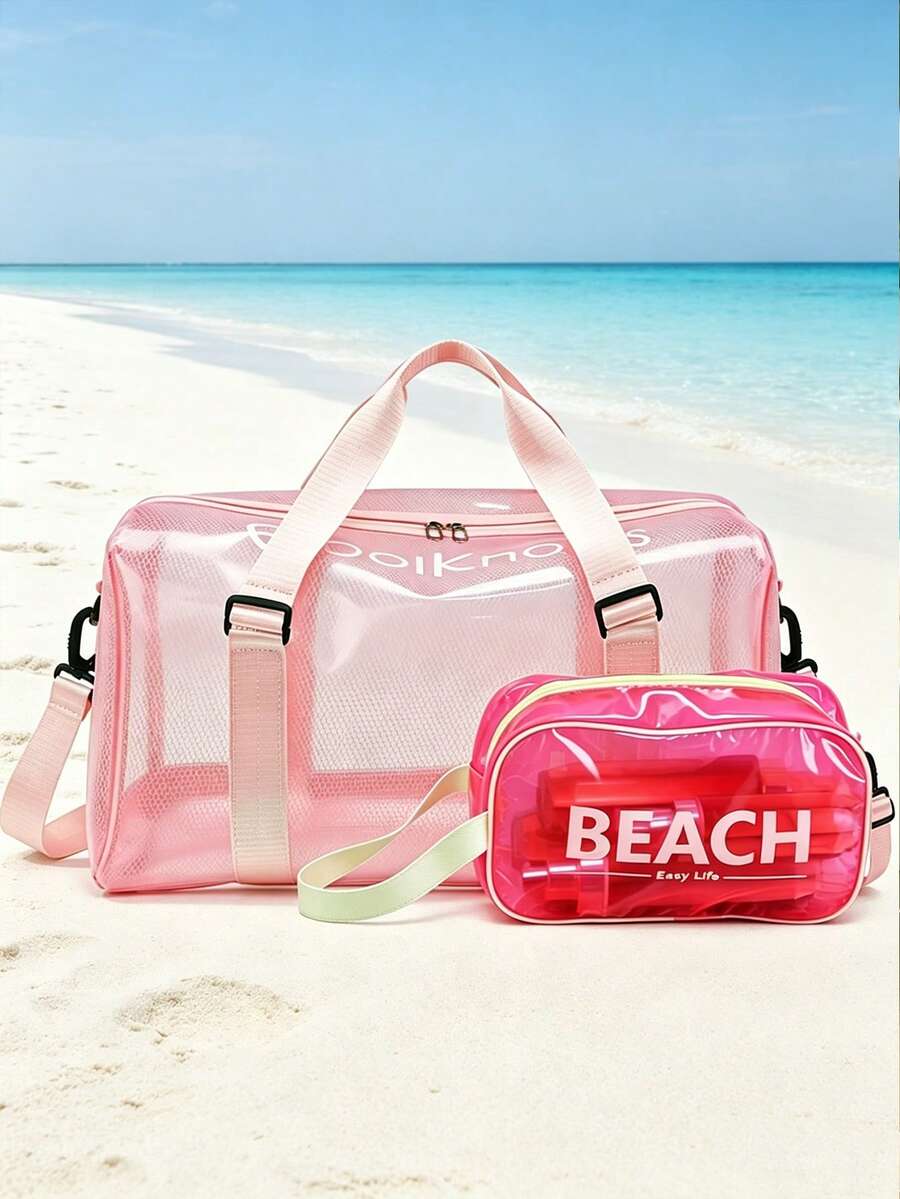 果凍色透明大容量防水旅行托特包，附「Beach Easy Life」迷你化妝包，PVC果凍手提包