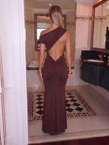 Vestido formal elegante y asimétrico de unicolor - Marrón - Ver 3