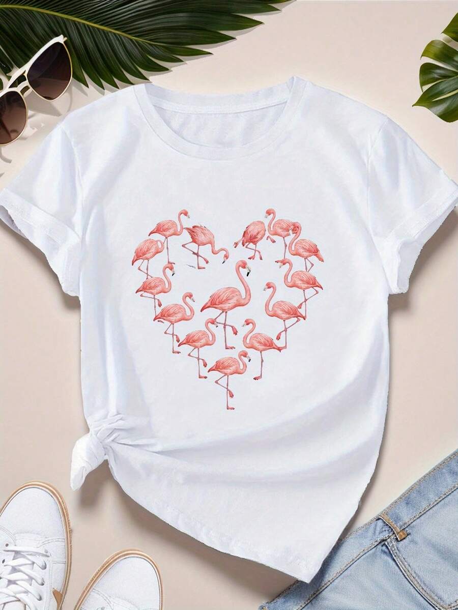 Camiseta de mujer con diseño de flamenco en forma de corazón, camiseta deportiva de manga corta para mujer de talla grande. - Blanco - Ver 1