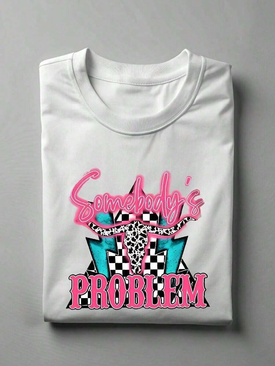 Pink 'Someone's Problem' T-Shirt, Women's Western T-Shirt, Gift T-Shirt For Music Lovers, Cowgirl Concert T-Shirt, Country Song T-Shirt For Her.UA-45 - 白色 - 查看 1