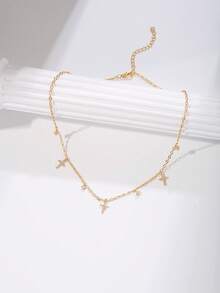 Nooxian 1pc Women's Necklace, Layered Delicate Copper Inlaid Zirconia Cross Mini Zirconia Pendant Tassel Choker Necklace, Daily Wear & Party Accessory Gift - Yellow Gold - View 6