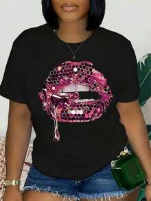 Camiseta con Estampado de Labios, Manga Corta, Cuello Redondo, Top Casual, Verano y Primavera, Ropa de Mujer, playeras de mujer - Negro - Ver 6