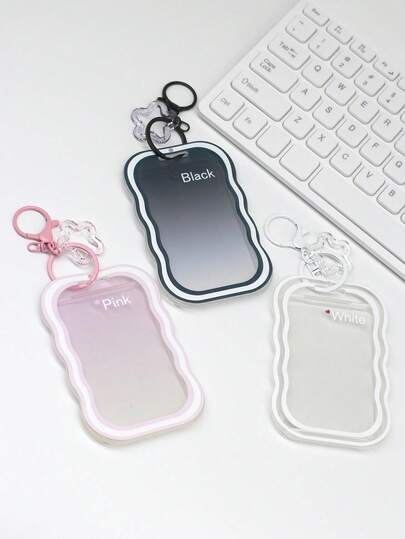 1pc Creative Wave Sliding Transparent Card Holder, Transparent ID Card Protector With Cute Keychain, Portable Card Case Suitable For School/Campus Card, Metro Card, Work ID, Back To School Daily Accessory