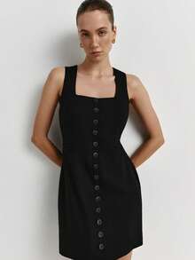 Sleeveless Button-Down Dress With Round Neck, Elegant Summer Style 2026 - 黑色 - 查看 5