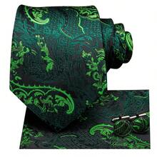 Set de 4 piezas de corbata con estampado floral verde jacquard para hombre, incluye pañuelo de bolsillo, gemelos aleatorios y pinza de corbata dorada, corbata formal festiva para ocasiones especiales - Verde - Ver 3