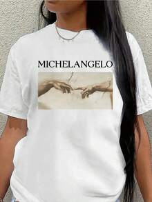 Lightweight And Durable Short-Sleeved T-Shirt With An Artistic Design Inspired By Michelangelo's Creation, Ideal For Casual Outings At Home, Cafes Or Offices, Offering A Comfortable Fit For Everyday Wear. - 白色 - 查看 1