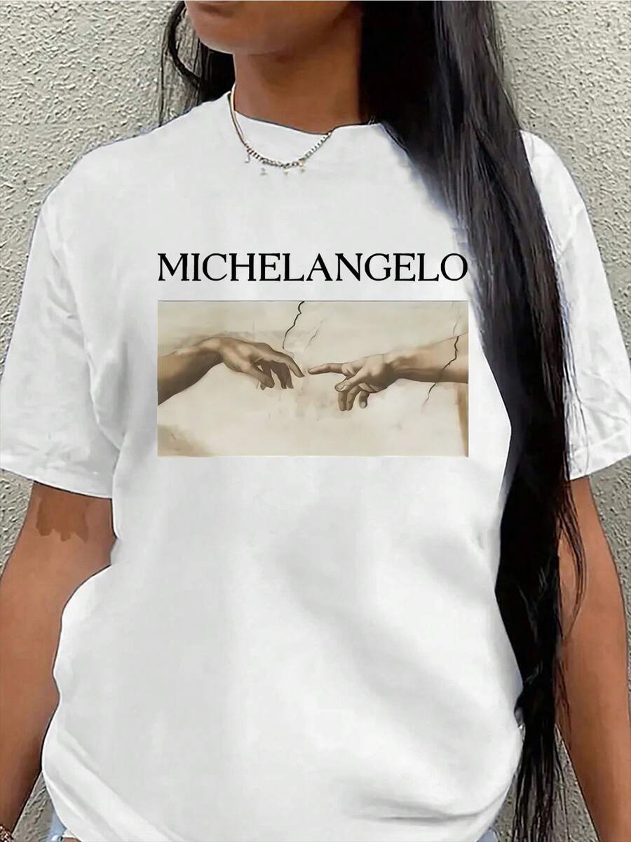 Lightweight And Durable Short-Sleeved T-Shirt With An Artistic Design Inspired By Michelangelo's Creation, Ideal For Casual Outings At Home, Cafes Or Offices, Offering A Comfortable Fit For Everyday Wear. - 白色 - 查看 1