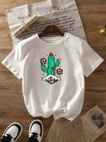Under The Radar 1pc Soft Fabric Women's Short Sleeve T-Shirt With Cactus And Flower Print Bohemian Style For Summer Casual Fashion Feminine T-Shirt Blouse Top 100% Cotton - Vintage Street Style Unisex Loose Cotton Short Sleeve Crew Neck T-Shirt - 白色 - 查看 2