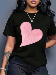 Women's Cotton T-Shirts - Women's Boho Chic Short Sleeve Graphic T-Shirt - Round Neck Blouse With Black And Pink Heart Print, Casual Chic Top For All Seasons, Machine Washable For Daily Wear And Special Occasions, Versatile Clothing, Artistic Design, Soft Material, Elegant Shirt, For Fashion Lovers, Shirt, Comfortable Material, Printed Blouse, Fashionable Basic Blouses For Women. - 黑色 - 查看 5