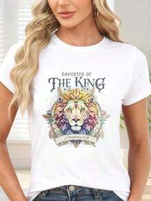 Simple And Versatile Design Women's Shirts T-Shirt With Colorful Lion Print And The Text "Daughter Of The King 2 Corinthians 6:18" For Daily Use And Casual Occasions. 100% Cotton Women's Anime & Cartoon T-Shirt, Soft Fabric, Lightweight Cotton T-Shirt - 白色 - 查看 6