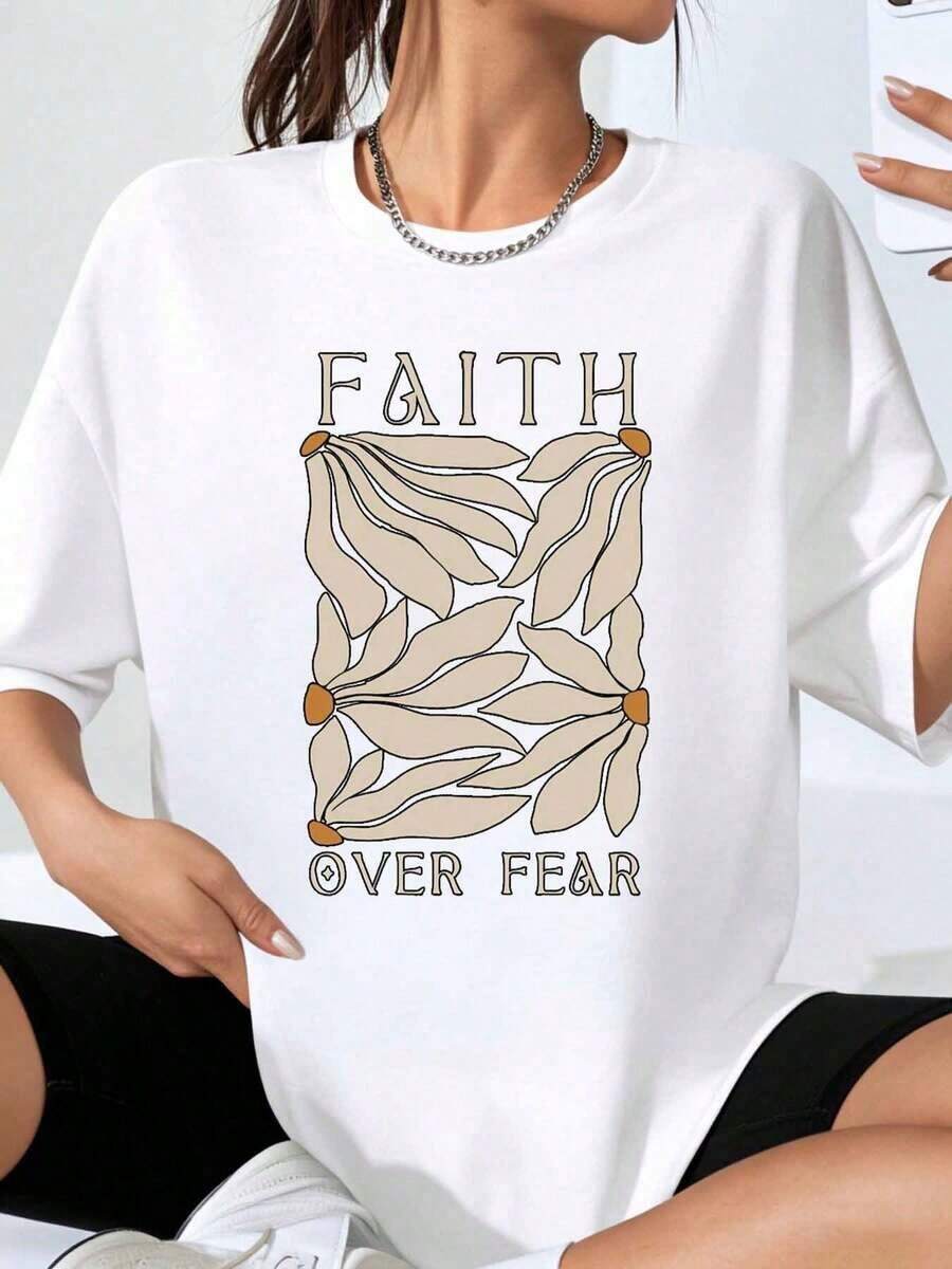 Women's 'Faith Over Fear' Graphic T-Shirt, Plus Size, Floral Design With Inspirational Quote, Fashionable Top For Casual Wear - White - View 1