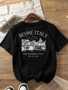 Women's T-Shirt With Front And Back Print, Featuring The Design Of The Eternal City Of Rome, Italian Style, Round Neck, Short Sleeve, Casual And Fashionable, Suitable For Daily Wear And Fitness In All Seasons, With A Fun Printed Design. - 黑色 - 查看 2