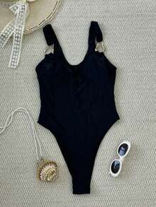 Elegant Black One-Piece Swimsuit With Thick Shoulder Straps For Women, Stylish And Casual, Perfect For Spring And Summer Beach Getaways And Parties - Black - View 4