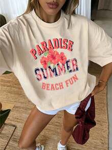 Y2K Style,  Style, Newest 2026 Style, Cute Style, Casual Style, Women's Blouses > Clothing. Women's 100% Cotton T-Shirt With Tropical Hibiscus And Palm Tree Print - Fun Summer Beach Design With Red Lettering, Casual Short Sleeve Crew Neck T-Shirt For Vacation And Casual Wear, Breathable, Suitable For All Seasons, Hawaiian Style, 180g (Sizes S-XXXL) - 杏色 - 查看 1