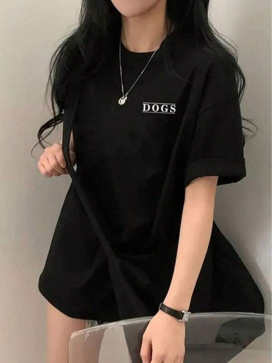Oferta Especial: Camiseta cómoda estilo moderno para amantes de los perros, diseño minimalista, tejido suave, color negro elegante, gran ajuste, casual, para uso diario, disponible en varias tallas, moda femenina, actual.- Ropa de Moda Casual Suave y Transpirable para Diario - Negro - Ver 1