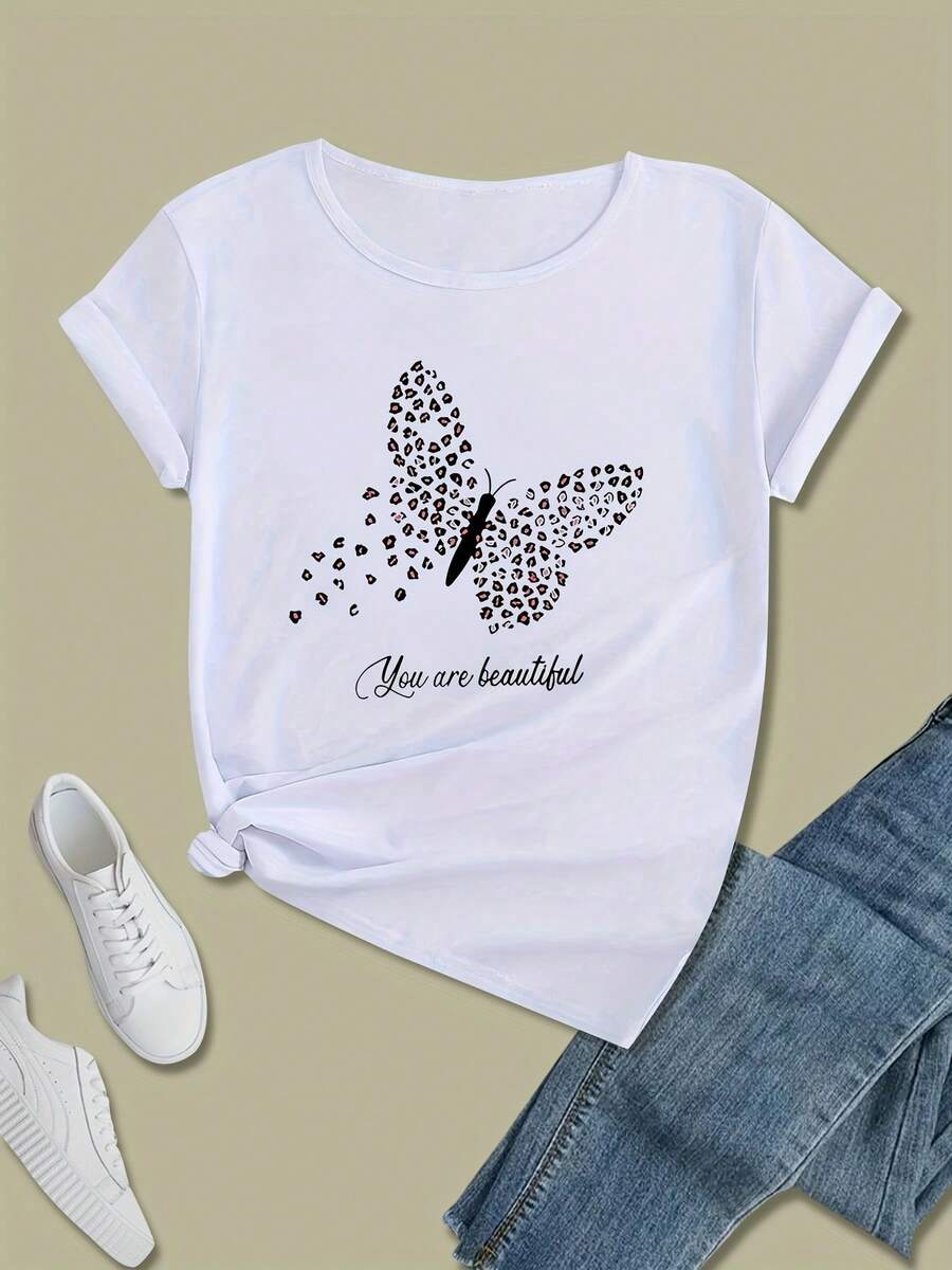 Women's Plus Size Cotton Crew Neck Casual T-Shirt, Y2K Style With Black Butterfly Print - Loose And Comfortable Fit, Polyester, Machine Washable - Suitable For Work, Home And Spring/Summer Wear, Plus Size T-Shirt, Simple T-Shirt For Everyday Wear - White - View 1