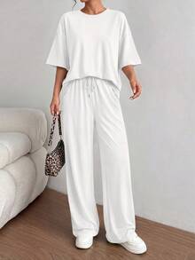 PRETTYGARDEN Women's Summer Clothes 2 Piece Sets Lounge For Short Sleeve Matching Airport Travel Outfits Casual White Vacation Summer Brunch White Outfits For Women Mothers Day Outfit - 白色 - 查看 3