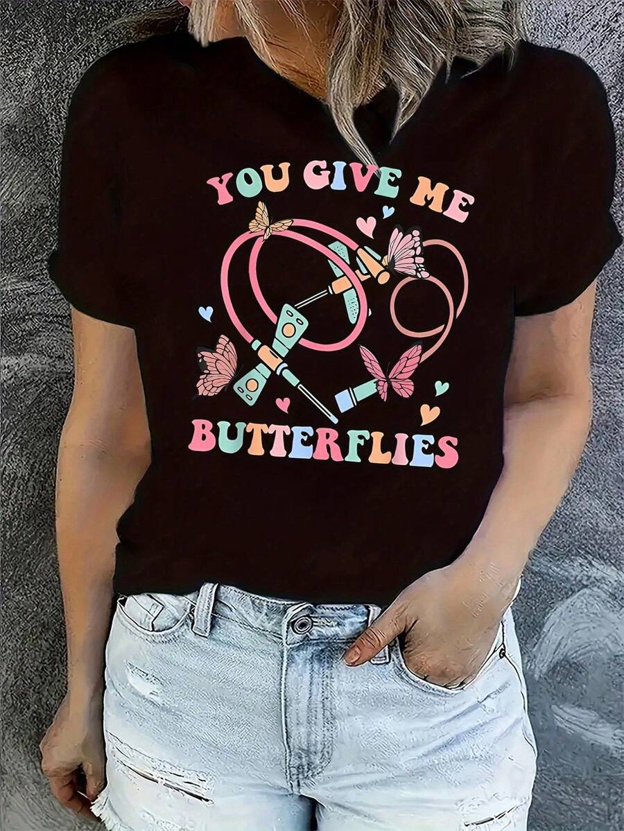 Romantic And Delicate Set For Nurses YOU GIVE ME BUTTERFLIES, Unisex Loose Fit Cotton Short Sleeve T-Shirt With Stethoscope Print, Round Neck, One Size, Casual Fashion For Women, Spring Summer, For Going Out, Outdoor Activities, Commuting, Versatile And Elegant Outfit - Vintage Urban Style - 黑色 - 查看 1