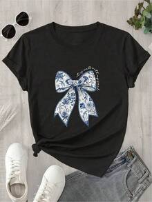 Camiseta negra informal de manga corta con cuello redondo para hombre,Camisetas Para Mujer Camiseta moderna con diseño de lazo elegante, estampado artístico, algodón suave, manga corta, estilo casual, ideal para mujer, disponible en negro, talla S a XL, moda urbana,  actual. - Negro - Ver 6