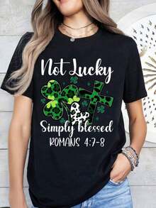 Women's White T-Shirt With Heart, Cross And Shamrock Print, For St. Patrick's Day, Christian Religious Gift, 220g, Casual Daily. - 黑色 - 查看 2