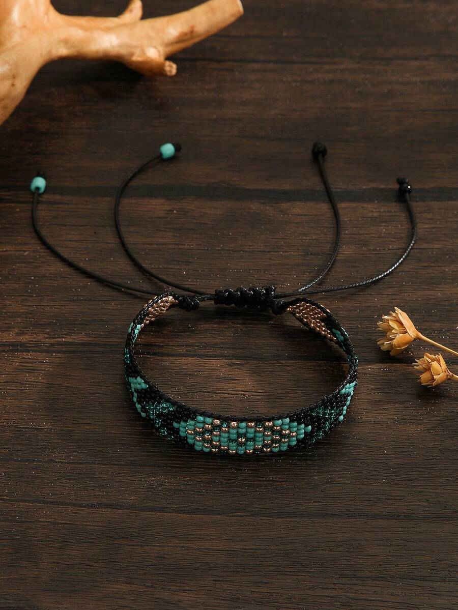 SOUL BEADING Vintage Turquoise & Contrast Color Beaded Bracelet, Handmade Woven Adjustable Bracelet, Minimalist Bohemian Everyday Accessory, Suitable For Daily Wear, Vacation, Travel, Gift - Royal Blue - View 1