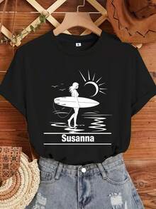 Camiseta de verano personalizada para playa y viajes, camiseta de verano a la moda, camiseta de playa, camiseta de surf, camiseta estética de verano, regalos personalizados, sudadera para amantes del surf. Camiseta casual cómoda y relajada para la piel. - Negro - Ver 1