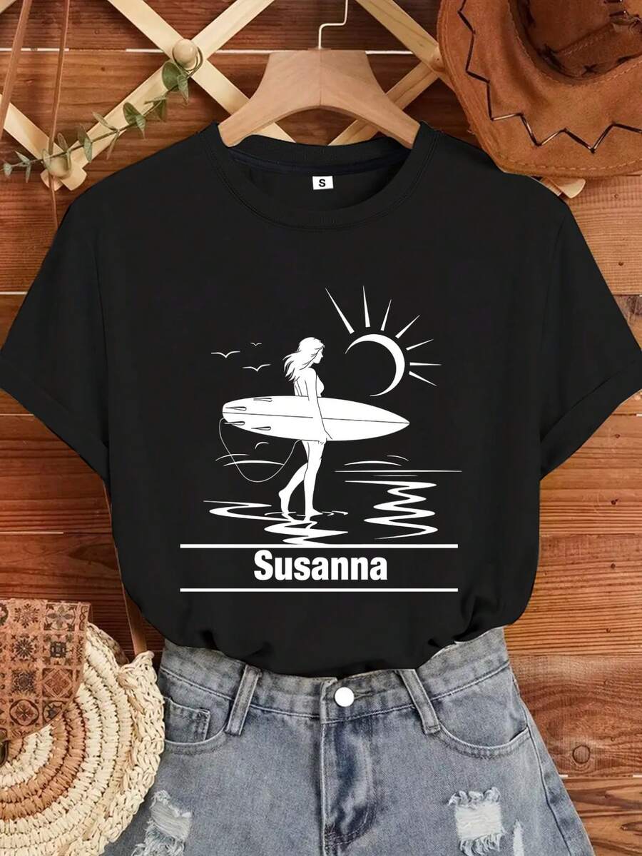 Camiseta de verano personalizada para playa y viajes, camiseta de verano a la moda, camiseta de playa, camiseta de surf, camiseta estética de verano, regalos personalizados, sudadera para amantes del surf. Camiseta casual cómoda y relajada para la piel. - Negro - Ver 1