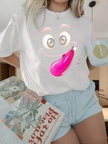 Women's Short Sleeve Crew Neck T-Shirt, Funny Pink Tongue And Sparkle Face Design, Black Crew Neck Top, Casual Graphic Tee. The Fun Prints Are Suitable For Christmas Parties, Sports Activities, Holiday Parties, Outings, Sports, And Other Christmas Gifts (220g). - 白色 - 查看 1