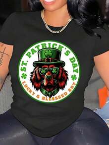 Women's T-Shirt With Irish Dog, Rottweiler, And St. Patrick's Day Print, Festive Outfit For The Holidays, New Arrivals, Women's Clothing, Gifts For Women - 黑色 - 查看 2