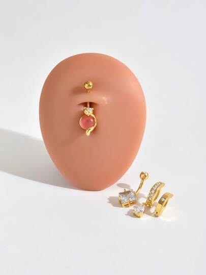 1件金色混合风格肚脐环/肚脐穿孔饰品，密镶Z字形吊坠，水滴形和方形猫眼形肚脐穿孔饰品，低过敏性不锈钢肚脐环，适合日常佩戴的女性身体饰品