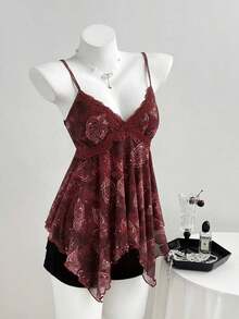 Top de mujer con estampado de leopardo y dobladillo asimétrico con encaje - Rojo 2 - Ver 5
