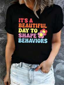 The Shape Behaviors Women's T-Shirt Features A Black Graphic Design And Short Sleeves. It's Cool And Lightweight, Making It Ideal For Summer And Casual Outings. These Printed T-Shirts Are Perfect For Spring And Fall. - 黑色 - 查看 6