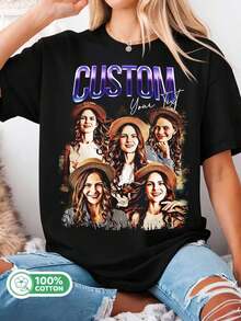 Custom 5-Photo Friends Bootleg Tee, Personalized Black Cotton T-Shirt, Retro Style - 黑色 - 查看 6