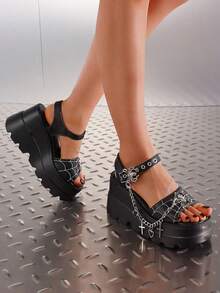 Platform Wedge Sandals For Women - Spider Web & Chain Decor Gothic Sandals For Punk Egirl & Festival Outfit - Black - View 8