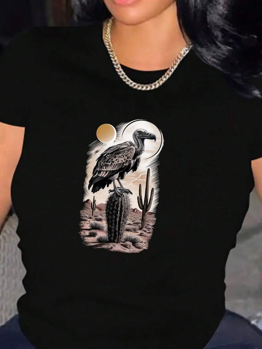 Women's T-Shirt With Eagle Print, Sporty Style, For Outdoor Activities, Urban Style, Modern Fashion, Warm Weather Clothing, Summer Casual Wear, Party Outfit, Perfect For Vacation And Playtime, Ideal For Parties And Family Holidays, Perfect For Everyday Wear And As A Gift. - 黑色 - 查看 1
