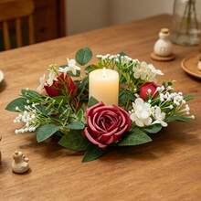 Flower Wreath Candle Rings Decorative Rose Wreath Pillar Candle Garland For Home Dining Table - Burgundy - View 4