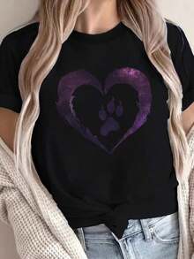 1 Piece Fashion Casual For Men And Women: Pure Cotton Women's T-Shirt With Pet Design - Heart-Shaped Paw Print, Casual Crew Neck, Comfortable Fit, Suitable For Both Dogs And Their Owners. QAGB Is Versatile, Easy To Match, Suitable For Everyday Wear, Street Style, Vacation Outfits, And Weekend Wear. - 黑色 - 查看 1