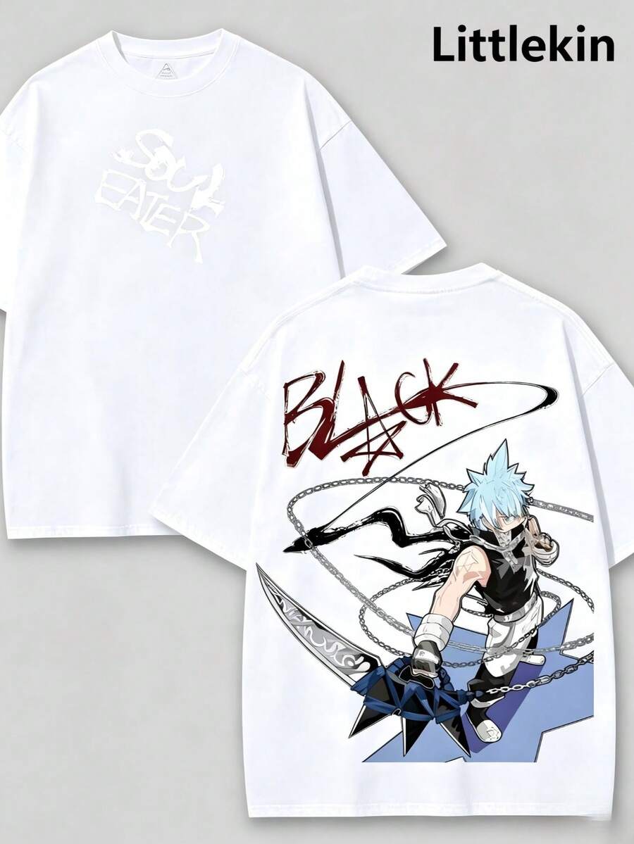 Soul Eater - Black Star Anime Washed T-Shirt, Double-Sided Cotton, Unisex Design, Japanese Manga Merchandise, Men's T-Shirt, Retro Black, Retro Streetwear2026 - 白色 - 查看 1