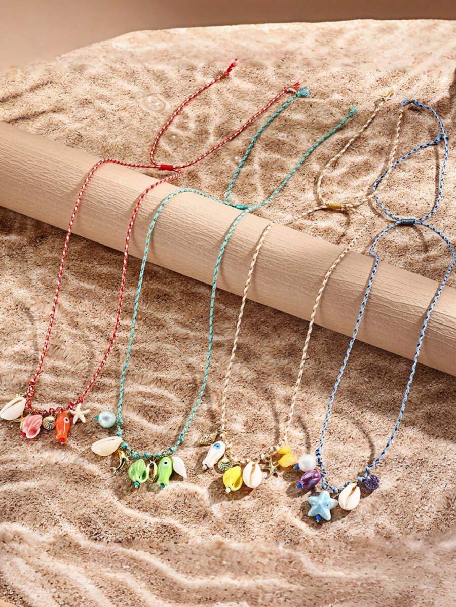 2pcs Summer Ocean Style Shell & Starfish Ceramic Pendant Necklace, Bohemian Vacation Necklace - Multicolor - View 1