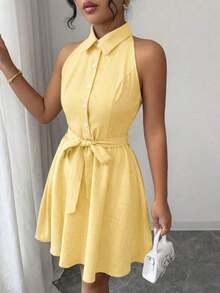 Elenzya Vestido de cuello de camisa sin mangas con tela de efecto lino de dos tonos y efecto de mezclilla, silueta en línea A, diseño elegante y romántico, adecuado para uso al aire libre - Amarillo - Ver 6