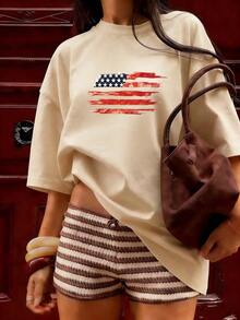 American Flag T-Shirt In Painted Style, Fashionable Short-Sleeve T-Shirt For Spring/Summer 2026, Made In Mexico, 180 Grams. Cartoon Print, Couple Design, Suitable For Indoor Or Outdoor Wear. Crew Neck, Unisex, Ideal For Office And Leisure. One-Pack. - APR-P631577SLNDXZGY613 - 查看 3