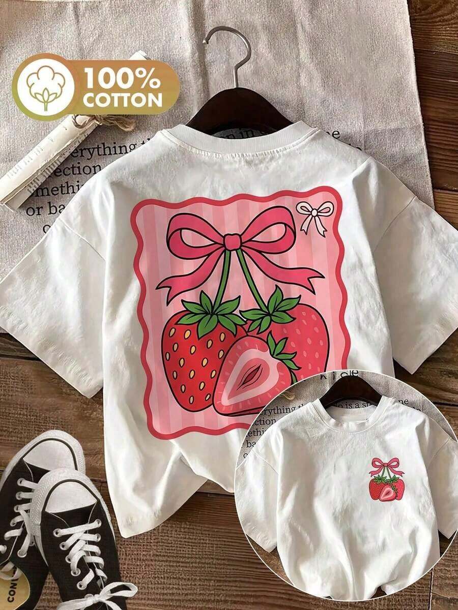 Short-Sleeve Graphic Print T-Shirt, Casual Round Neck Short-Sleeve Top For Summer And Spring, Women's Clothing. 100% Cotton. - 白色的 - 查看 1
