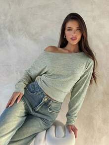 Top de manga larga asimétrico de hombro de punto de color albaricoque para mujer, otoño/invierno - Verde - Ver 7